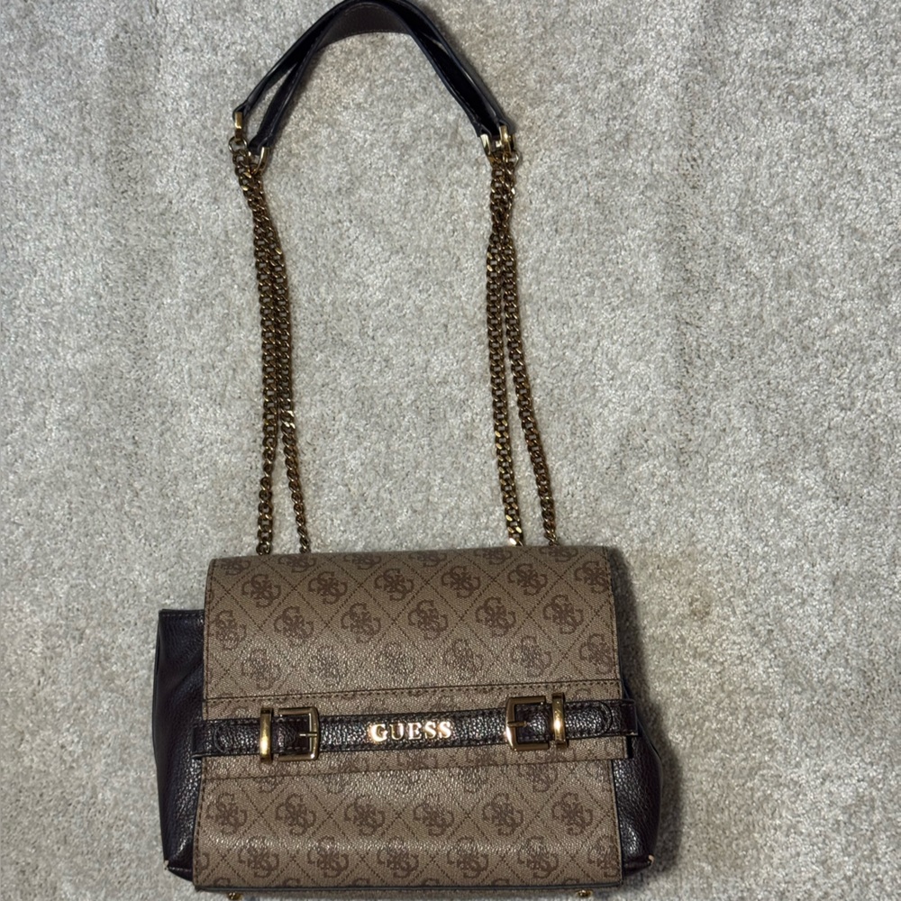 GUESS Brown and Dark Brown Logo Chain Strap Shoulder Bag